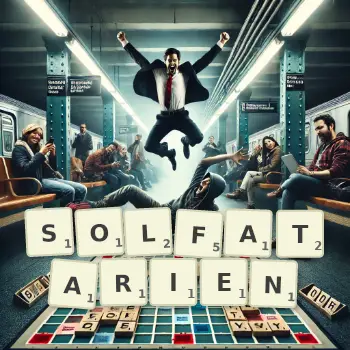 Illustration créative d'un jeu de lettres avec le mot SOLFATARIEN épelé sur le plateau.