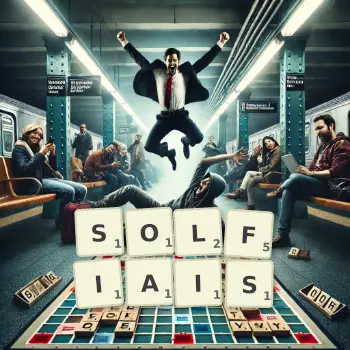 Illustration créative d'un jeu de lettres avec le mot SOLFIAIS épelé sur le plateau.