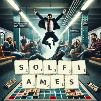 Illustration créative d'un jeu de lettres avec le mot SOLFIAMES épelé sur le plateau.