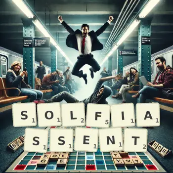 Illustration créative d'un jeu de lettres avec le mot SOLFIASSENT épelé sur le plateau.