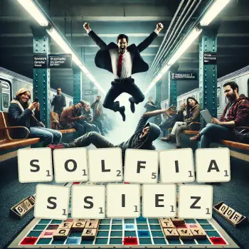 Illustration créative d'un jeu de lettres avec le mot SOLFIASSIEZ épelé sur le plateau.