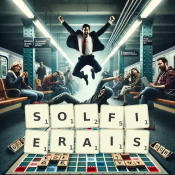 Illustration créative d'un jeu de lettres avec le mot SOLFIERAIS épelé sur le plateau.