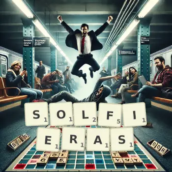 Illustration créative d'un jeu de lettres avec le mot SOLFIERAS épelé sur le plateau.