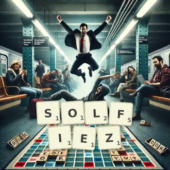 Illustration créative d'un jeu de lettres avec le mot SOLFIEZ épelé sur le plateau.