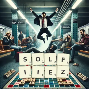 Illustration créative d'un jeu de lettres avec le mot SOLFIIEZ épelé sur le plateau.