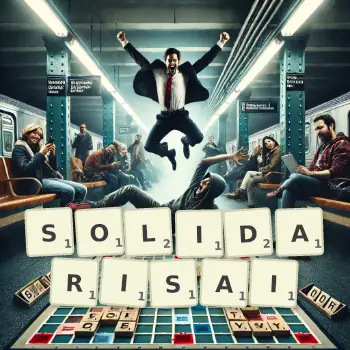 Illustration créative d'un jeu de lettres avec le mot SOLIDARISAI épelé sur le plateau.