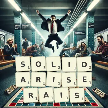 Illustration créative d'un jeu de lettres avec le mot SOLIDARISERAIS épelé sur le plateau.