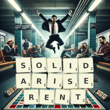 Illustration créative d'un jeu de lettres avec le mot SOLIDARISERENT épelé sur le plateau.