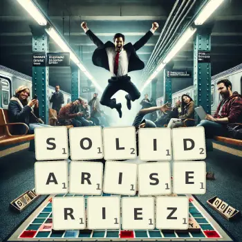 Illustration créative d'un jeu de lettres avec le mot SOLIDARISERIEZ épelé sur le plateau.