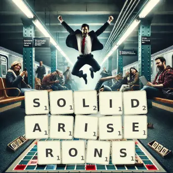 Illustration créative d'un jeu de lettres avec le mot SOLIDARISERONS épelé sur le plateau.