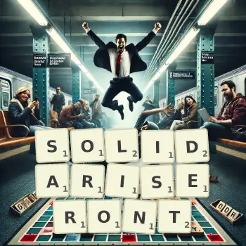 Illustration créative d'un jeu de lettres avec le mot SOLIDARISERONT épelé sur le plateau.