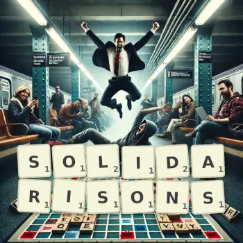 Illustration créative d'un jeu de lettres avec le mot SOLIDARISONS épelé sur le plateau.