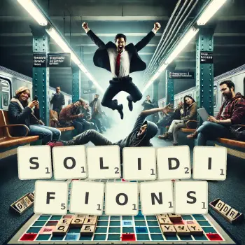 Illustration créative d'un jeu de lettres avec le mot SOLIDIFIONS épelé sur le plateau.