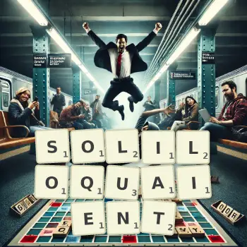 Illustration créative d'un jeu de lettres avec le mot SOLILOQUAIENT épelé sur le plateau.