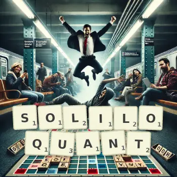 Illustration créative d'un jeu de lettres avec le mot SOLILOQUANT épelé sur le plateau.