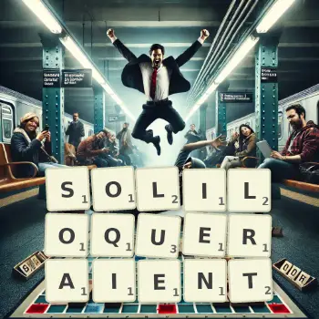 Illustration créative d'un jeu de lettres avec le mot SOLILOQUERAIENT épelé sur le plateau.