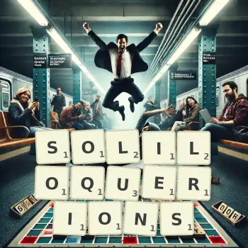 Illustration créative d'un jeu de lettres avec le mot SOLILOQUERIONS épelé sur le plateau.