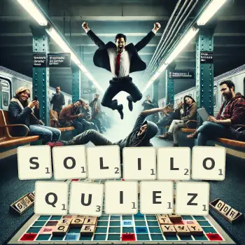 Illustration créative d'un jeu de lettres avec le mot SOLILOQUIEZ épelé sur le plateau.