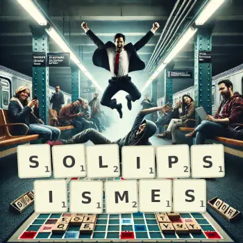 Illustration créative d'un jeu de lettres avec le mot SOLIPSISMES épelé sur le plateau.