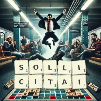 Illustration créative d'un jeu de lettres avec le mot SOLLICITAI épelé sur le plateau.