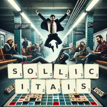 Illustration créative d'un jeu de lettres avec le mot SOLLICITAIS épelé sur le plateau.
