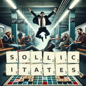 Illustration créative d'un jeu de lettres avec le mot SOLLICITATES épelé sur le plateau.