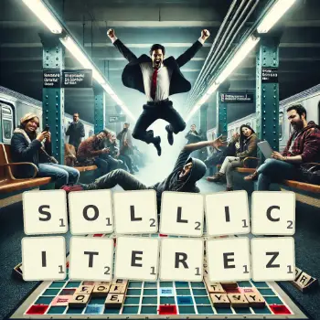 Illustration créative d'un jeu de lettres avec le mot SOLLICITEREZ épelé sur le plateau.