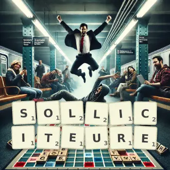 Illustration créative d'un jeu de lettres avec le mot SOLLICITEURE épelé sur le plateau.