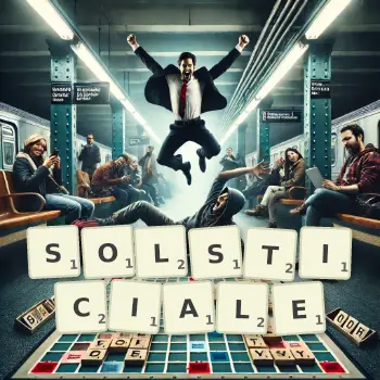 Illustration créative d'un jeu de lettres avec le mot SOLSTICIALE épelé sur le plateau.