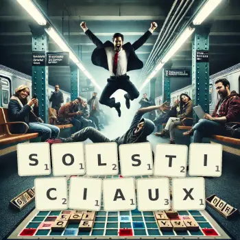 Illustration créative d'un jeu de lettres avec le mot SOLSTICIAUX épelé sur le plateau.