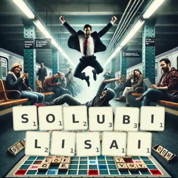Illustration créative d'un jeu de lettres avec le mot SOLUBILISAI épelé sur le plateau.