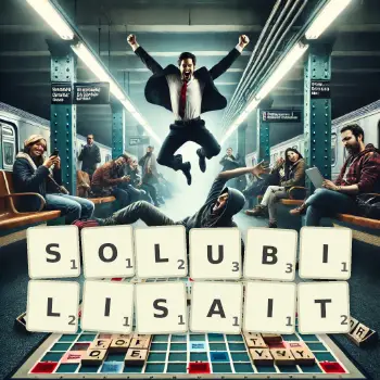 Illustration créative d'un jeu de lettres avec le mot SOLUBILISAIT épelé sur le plateau.