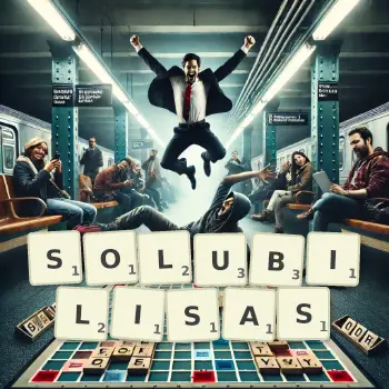 Illustration créative d'un jeu de lettres avec le mot SOLUBILISAS épelé sur le plateau.