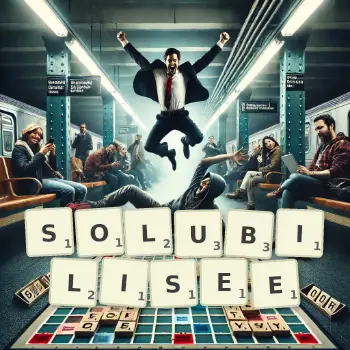 Illustration créative d'un jeu de lettres avec le mot SOLUBILISEE épelé sur le plateau.