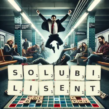 Illustration créative d'un jeu de lettres avec le mot SOLUBILISENT épelé sur le plateau.