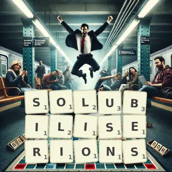 Illustration créative d'un jeu de lettres avec le mot SOLUBILISERIONS épelé sur le plateau.