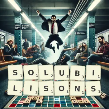 Illustration créative d'un jeu de lettres avec le mot SOLUBILISONS épelé sur le plateau.
