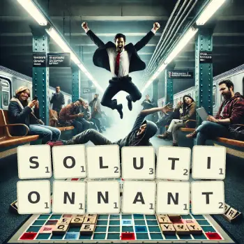 Illustration créative d'un jeu de lettres avec le mot SOLUTIONNANT épelé sur le plateau.