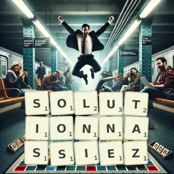 Illustration créative d'un jeu de lettres avec le mot SOLUTIONNASSIEZ épelé sur le plateau.