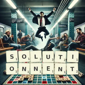 Illustration créative d'un jeu de lettres avec le mot SOLUTIONNENT épelé sur le plateau.