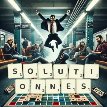 Illustration créative d'un jeu de lettres avec le mot SOLUTIONNES épelé sur le plateau.