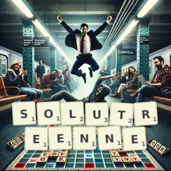 Illustration créative d'un jeu de lettres avec le mot SOLUTREENNE épelé sur le plateau.