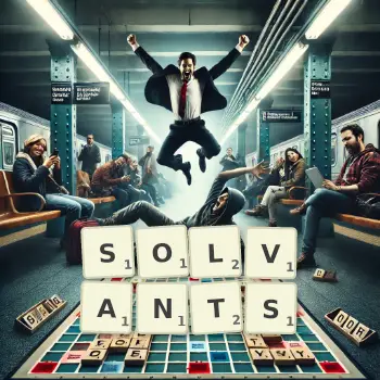 Illustration créative d'un jeu de lettres avec le mot SOLVANTS épelé sur le plateau.