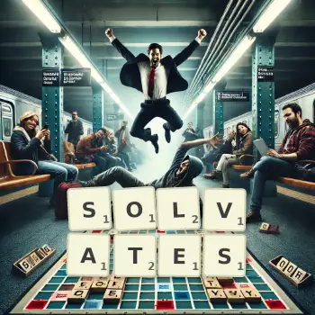 Illustration créative d'un jeu de lettres avec le mot SOLVATES épelé sur le plateau.