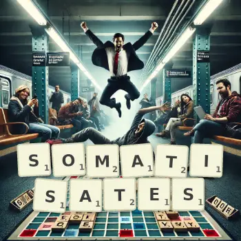 Illustration créative d'un jeu de lettres avec le mot SOMATISATES épelé sur le plateau.