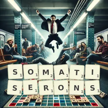 Illustration créative d'un jeu de lettres avec le mot SOMATISERONS épelé sur le plateau.