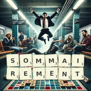 Illustration créative d'un jeu de lettres avec le mot SOMMAIREMENT épelé sur le plateau.