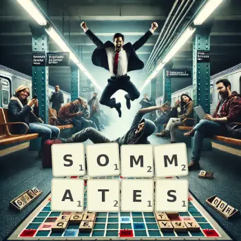 Illustration créative d'un jeu de lettres avec le mot SOMMATES épelé sur le plateau.