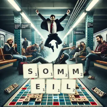 Illustration créative d'un jeu de lettres avec le mot SOMMEIL épelé sur le plateau.