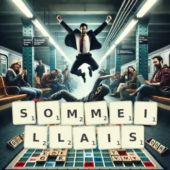 Illustration créative d'un jeu de lettres avec le mot SOMMEILLAIS épelé sur le plateau.